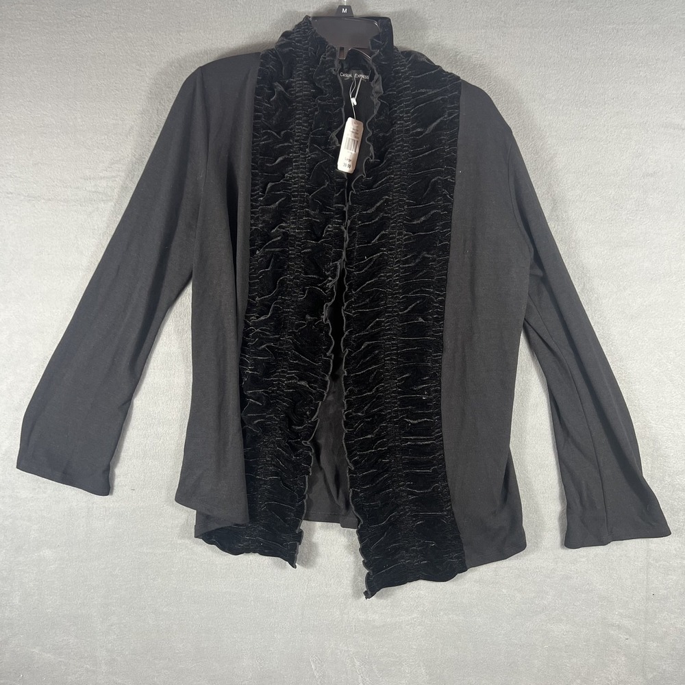 Casual Express Women's Black‎ Velvet Trim Open Cardigan Sweater Large NWT